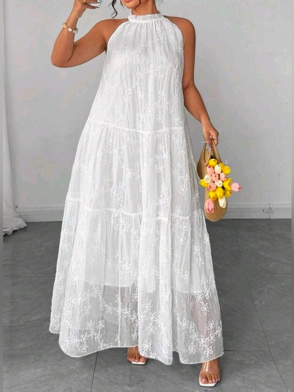 New Boho Lace Tie Neck Halter Tiered Loose Maxi Dress PLUS Sleeveless White - Picture 7 of 9